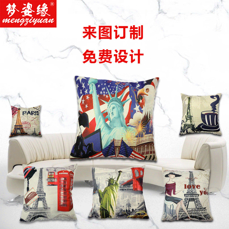 The Eiffel Tower Statue of Liberty sofa backrest cover, office car linen pillowcase, custom-made according to your drawings