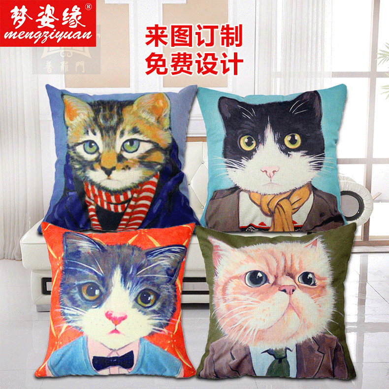 New creative cartoon cat character cotton and linen pillowcase sofa, office pillow cover, fashionable cat cushion customization
