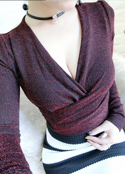 Autumn V-neck long-sleeved T-shirt women's slimming, super elastic, shiny and sexy top base layer details Picture