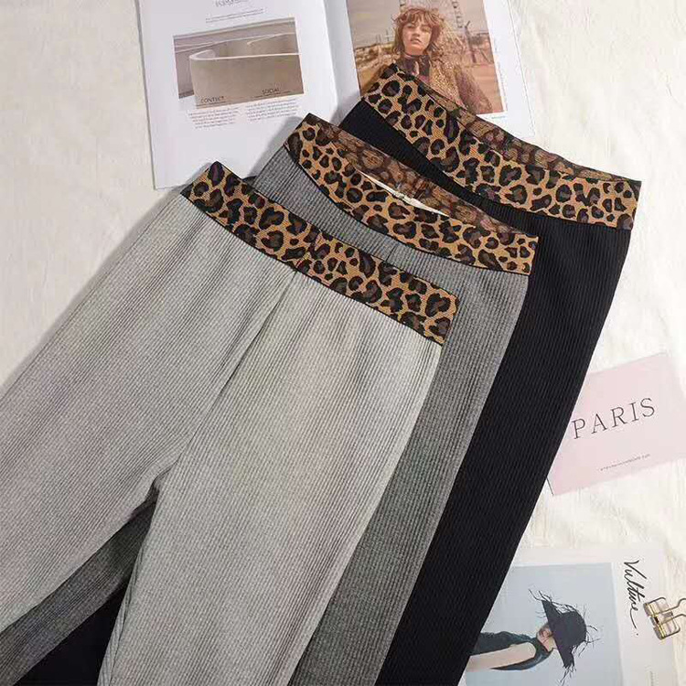 New Korean version leopard print waist thread leggings for women, Spring and Autumn new popular cotton vertical strip tight women's pants, high-waisted long pants Specification image