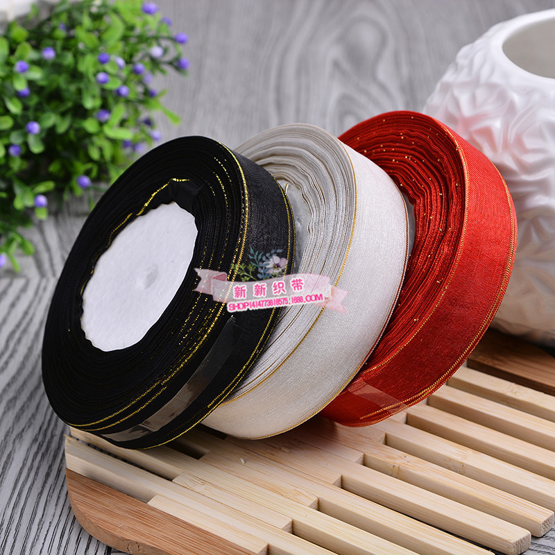 Snow gauze ribbons are in stock and available for 2.5cm gold-rimmed wide-edge wedding decoration DIY gift packaging ribbons