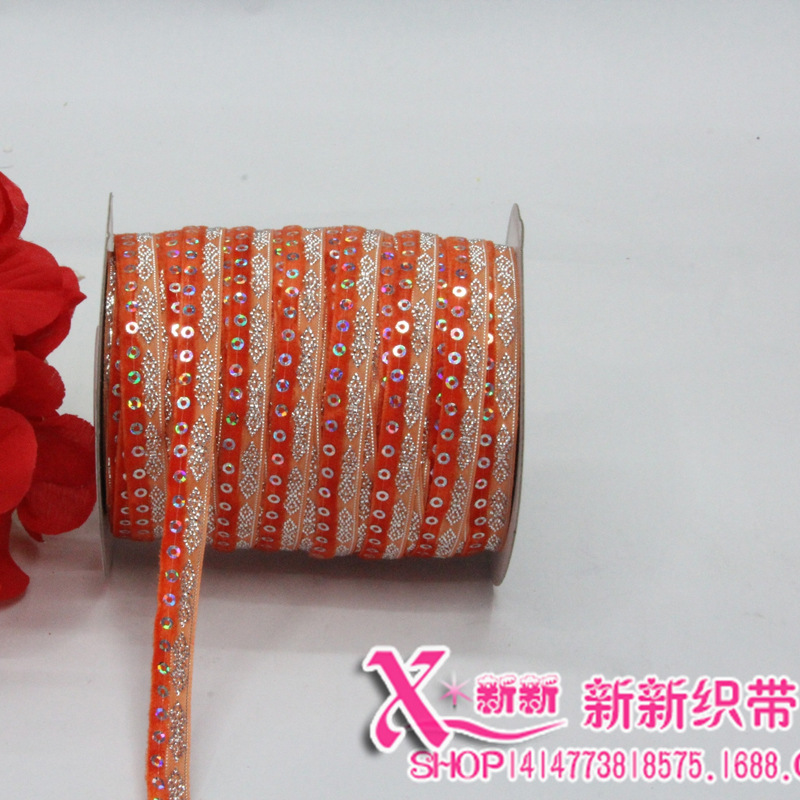 直销进口材料色彩葱带 手工DIY踩亮片花型带饰品发饰头饰丝带批发产品图