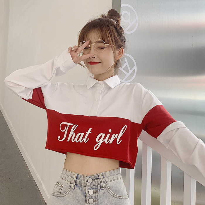 The new early autumn thin and short crop long-sleeved sweatshirt is extremely popular. It features a cec Hyuna style polo collar top for women Item Picture