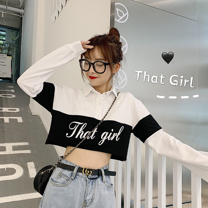 The new early autumn thin and short crop long-sleeved sweatshirt is extremely popular. It features a cec Hyuna style polo collar top for women details Picture