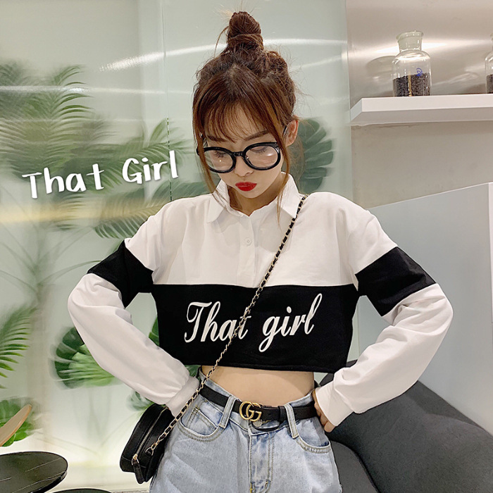The new early autumn thin and short crop long-sleeved sweatshirt is extremely popular. It features a cec Hyuna style polo collar top for women Specification image