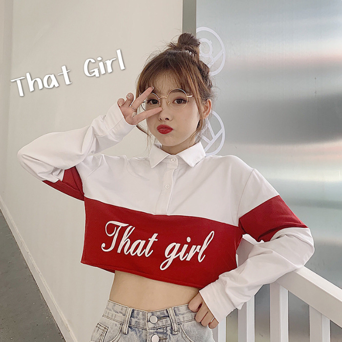 The new early autumn thin and short crop long-sleeved sweatshirt is extremely popular. It features a cec Hyuna style polo collar top for women Application Scenario