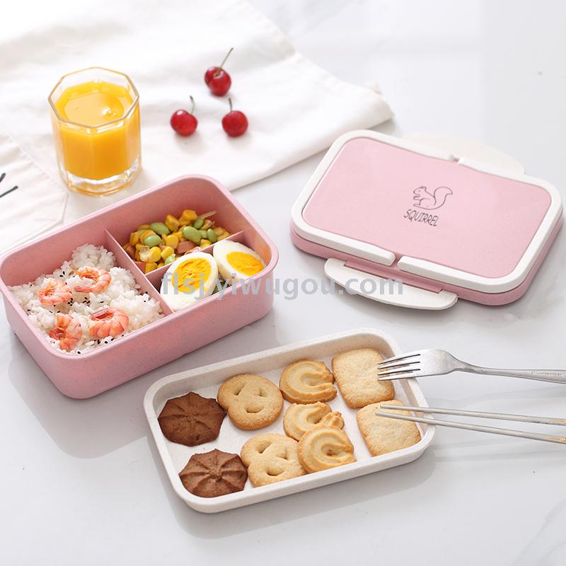 Wheat straw children's lunch box rectangular divider plastic lunchbox double divider lunch box for students Item Picture