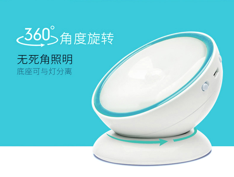 New 360-degree LED rotating sensor light, rechargeable bedroom lighting lamp, creative human body sensor night light Application Scenario