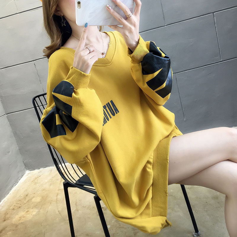 (Qi Mi Feng) 2019 Autumn New Korean style letter loose, short front and long back hoodie for women, 6535 cotton Application Scenario
