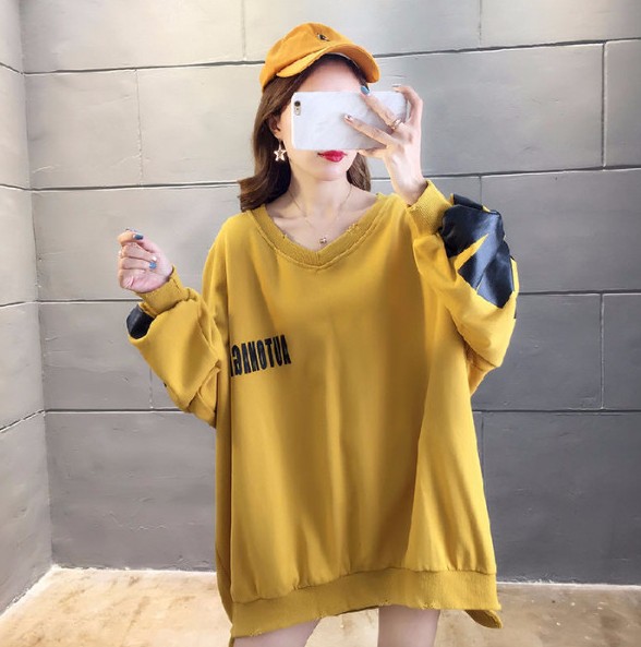 (Qi Mi Feng) 2019 Autumn New Korean style letter loose, short front and long back hoodie for women, 6535 cotton Item Picture