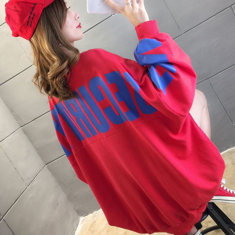 (Qi Mi Feng) 2019 Autumn New Korean style letter loose, short front and long back hoodie for women, 6535 cotton Specification image