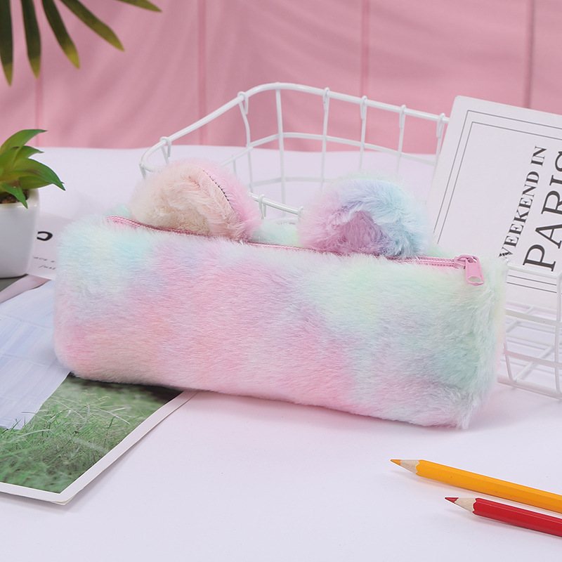 Jinjiduo can customize rainbow plush rabbit fur, cute cartoon bear pen cases, stationery bags and student stationery boxes details Picture