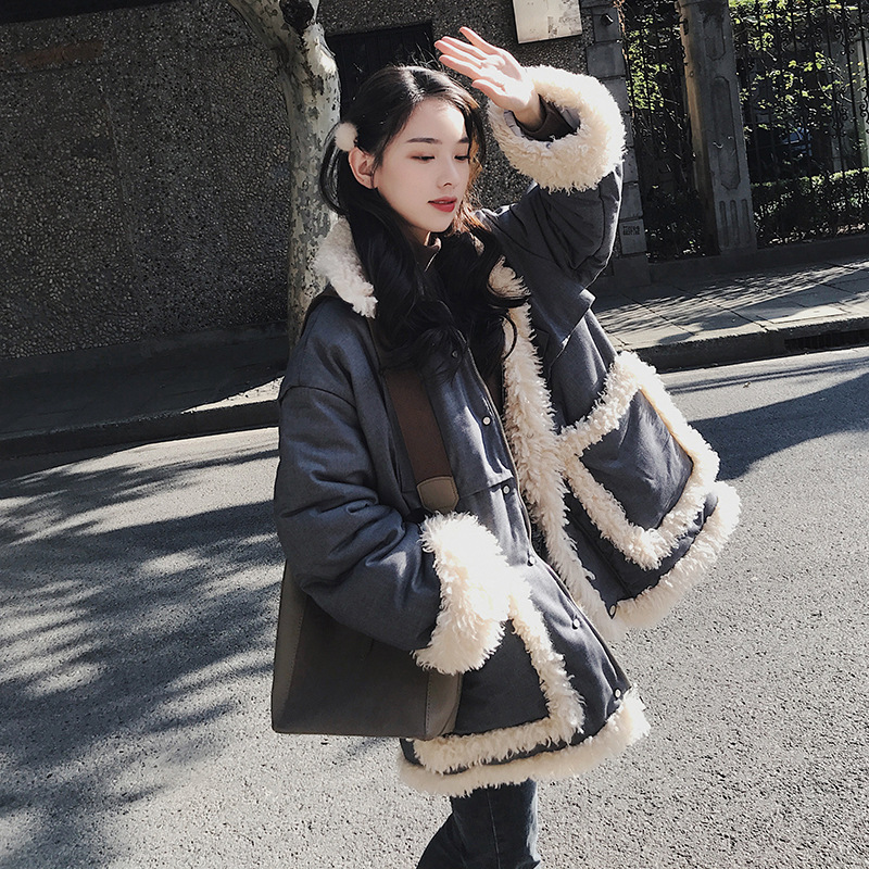 棉服女宽松显瘦chic羊羔毛拼接短款小个子棉衣外套潮细节图
