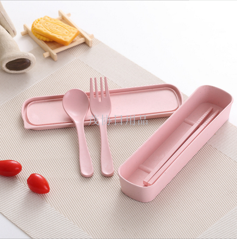 Bamboo fibre children portable fork spoon chopsticks Baby drop proof cutlery box Student cutlery set dinner cutlery