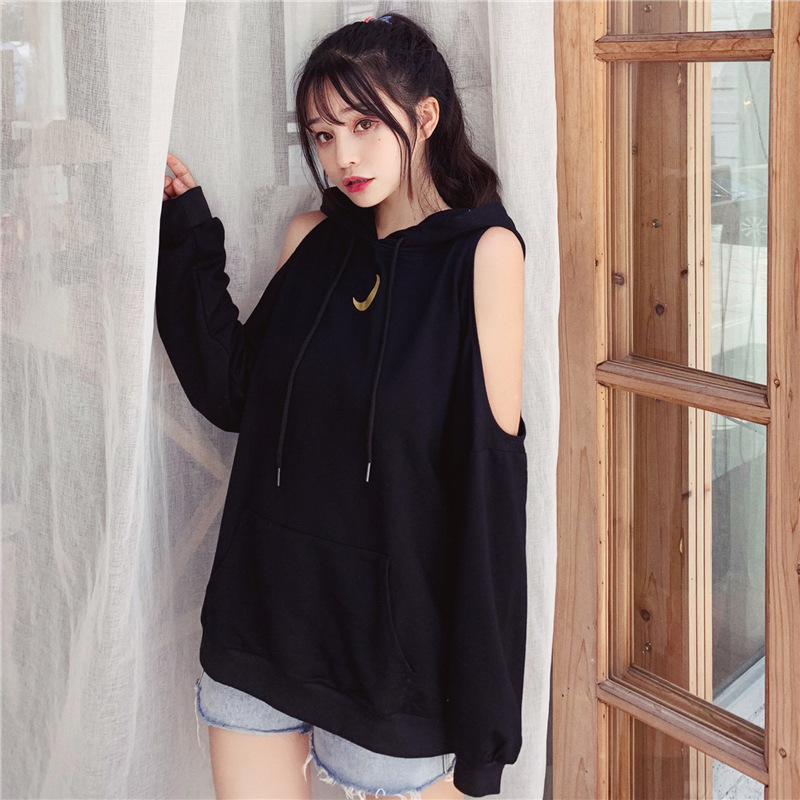 Autumn long off-the-shoulder vetiver hoodie for women, a new, laid-back and stylish loose hooded jacket