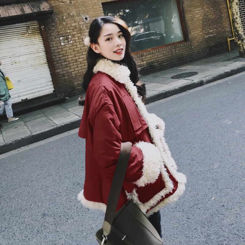 棉服女宽松显瘦chic羊羔毛拼接短款小个子棉衣外套潮产品图