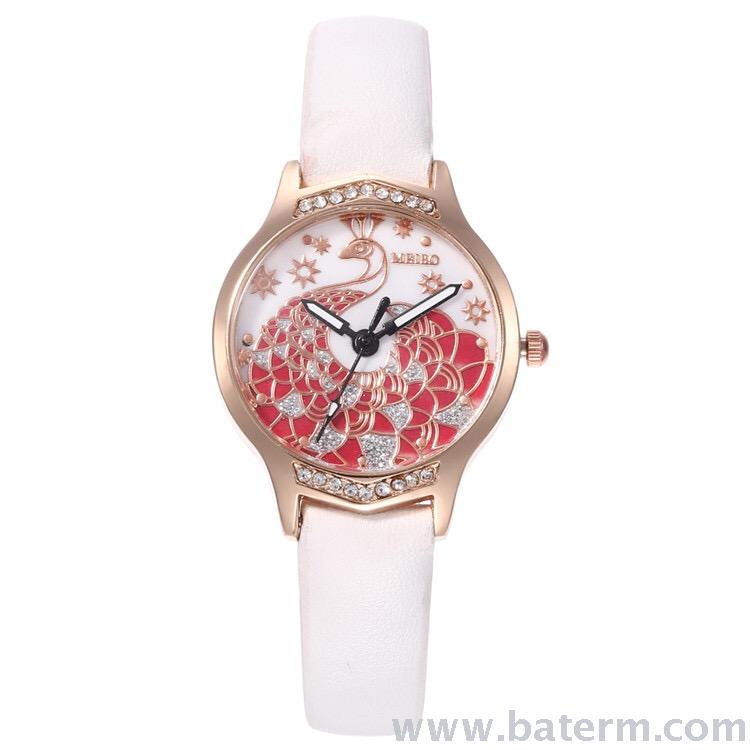 Aliexpress best-selling fashionable, compact, diamond-encrusted, colorful peacock leather strap ladies' quartz watch details Picture
