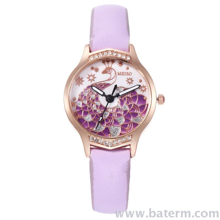Aliexpress best-selling fashionable, compact, diamond-encrusted, colorful peacock leather strap ladies' quartz watch
