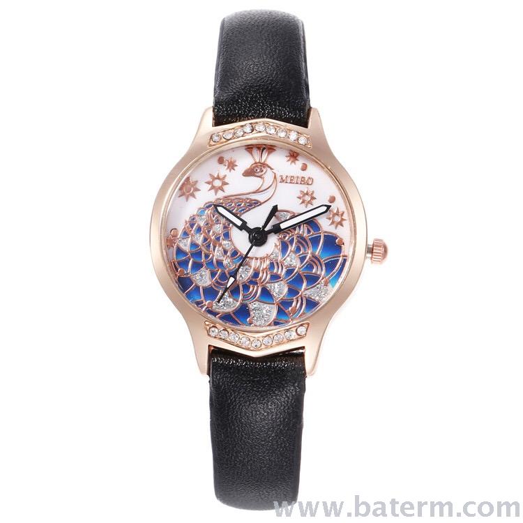 Aliexpress best-selling fashionable, compact, diamond-encrusted, colorful peacock leather strap ladies' quartz watch Specification image