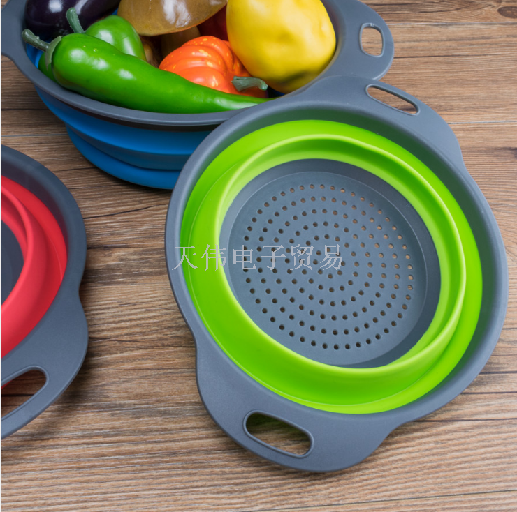 硅胶折叠滤水篮2件套多功能洗菜盆水果篮滤水筛厨房工具伸缩果篮