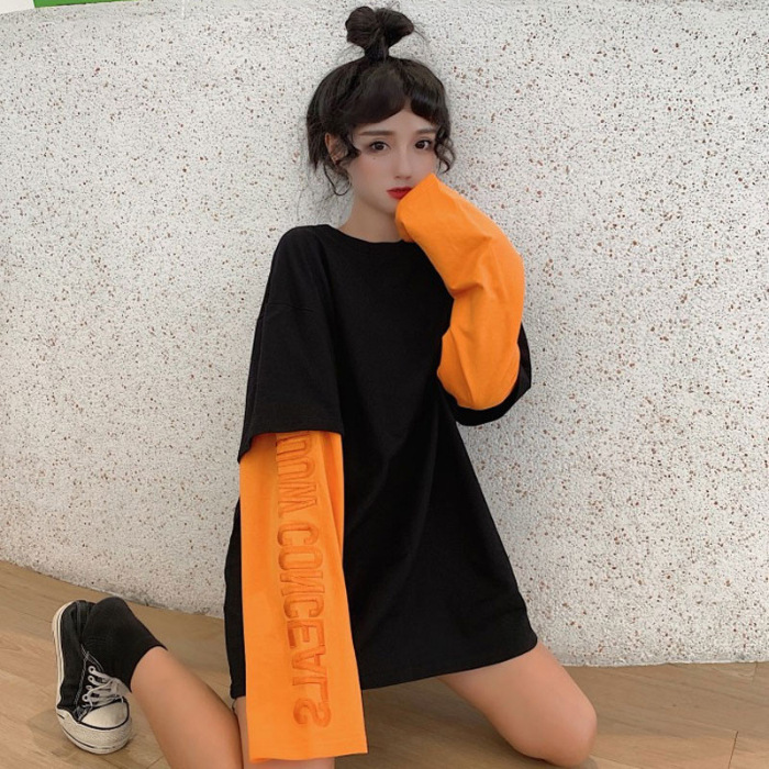 Two long-sleeved lettered tops and a loose mid-length, quirky, and trendy T-shirt for the 2019 autumn and winter holiday will be sent out in one piece Specification image