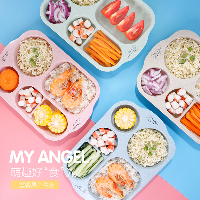 厂家直销小麦秸秆快餐盘学生餐盘分格食堂餐盘防摔分隔盘碗杯套装产品图