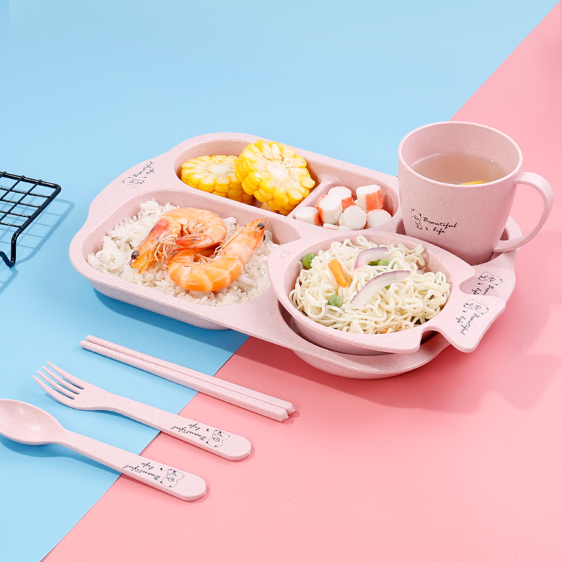 厂家直销小麦秸秆快餐盘学生餐盘分格食堂餐盘防摔分隔盘碗杯套装