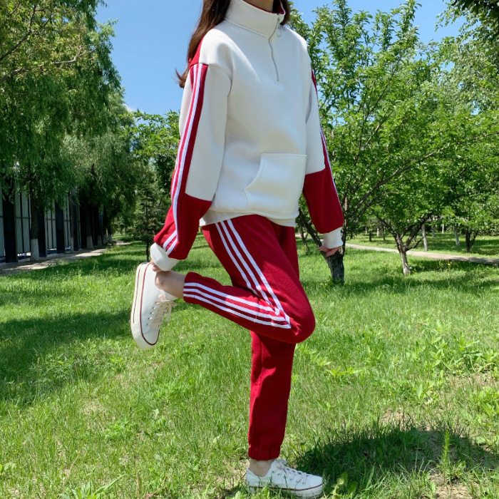 Spot cashmere couple suit new Korean version zipper hoodie female students Instagram class suit two-piece thick tide