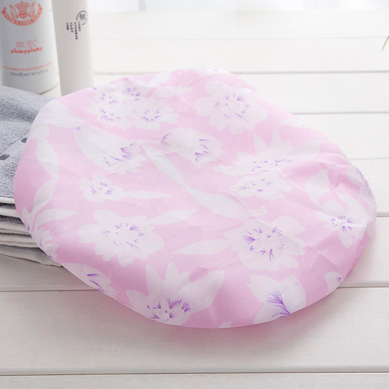 厂家批发彩色防水高品质沐浴帽 双层防水面料涤纶多用型花色浴帽产品图