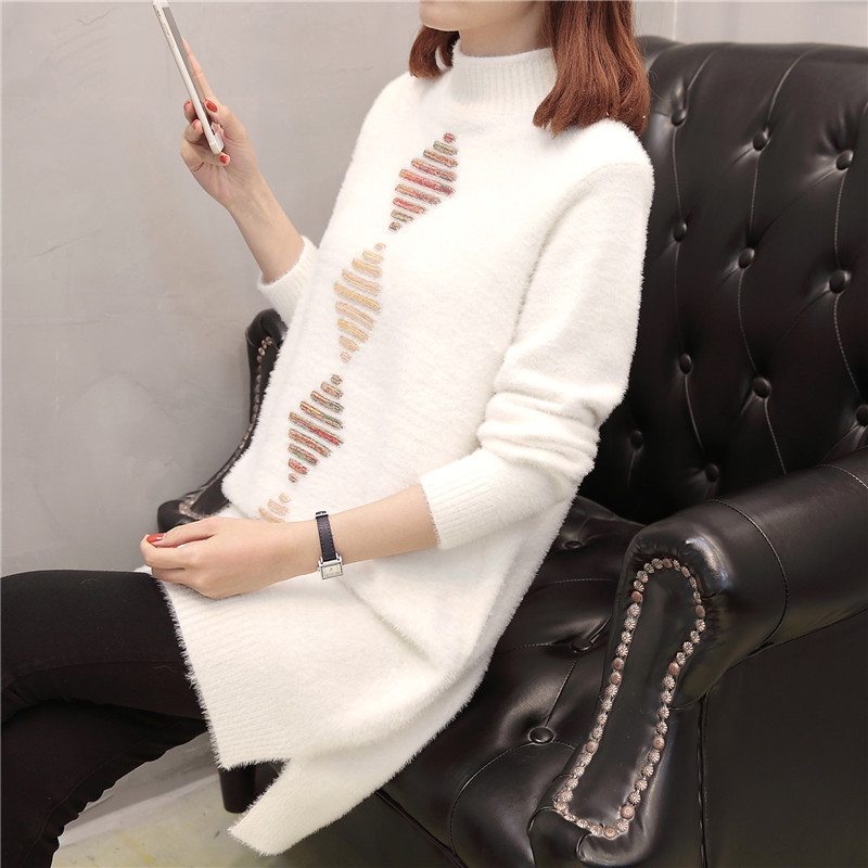 冬款 半高领中长款开叉仿貂毛针织女装毛衣68