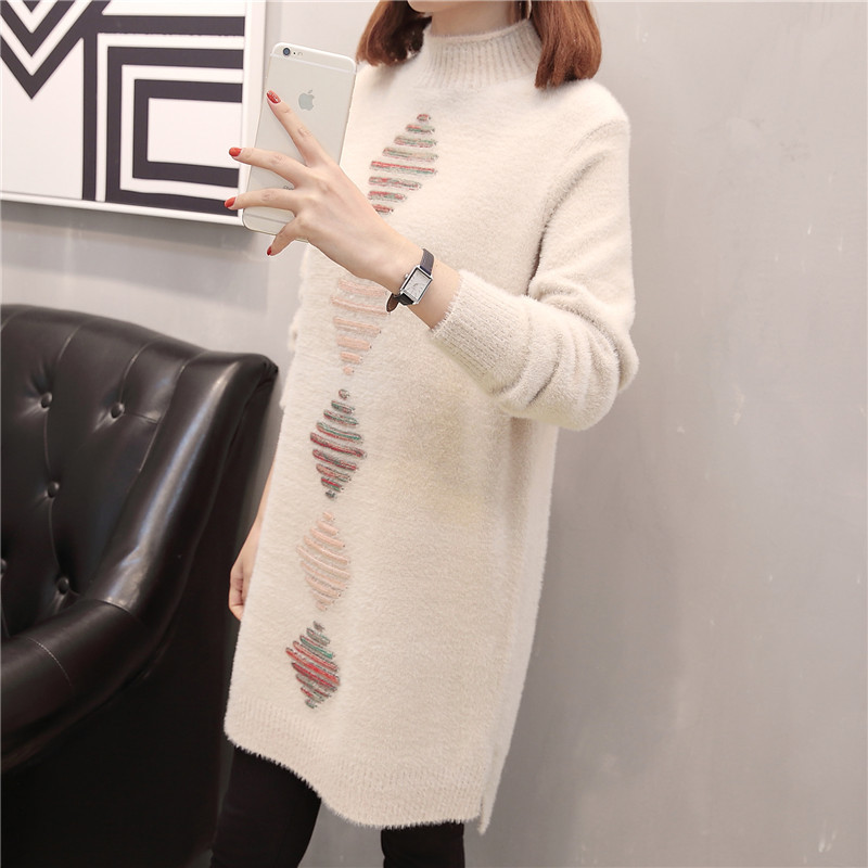 冬款 半高领中长款开叉仿貂毛针织女装毛衣68细节图