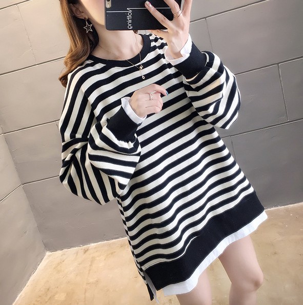 New Korean-style loose long-sleeved student striped fake two-piece plus-size women's wear, thin style Application Scenario