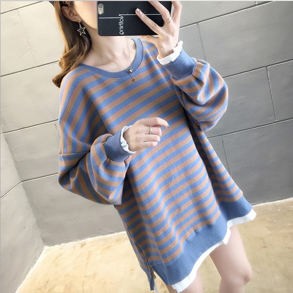 New Korean-style loose long-sleeved student striped fake two-piece plus-size women's wear, thin style details Picture