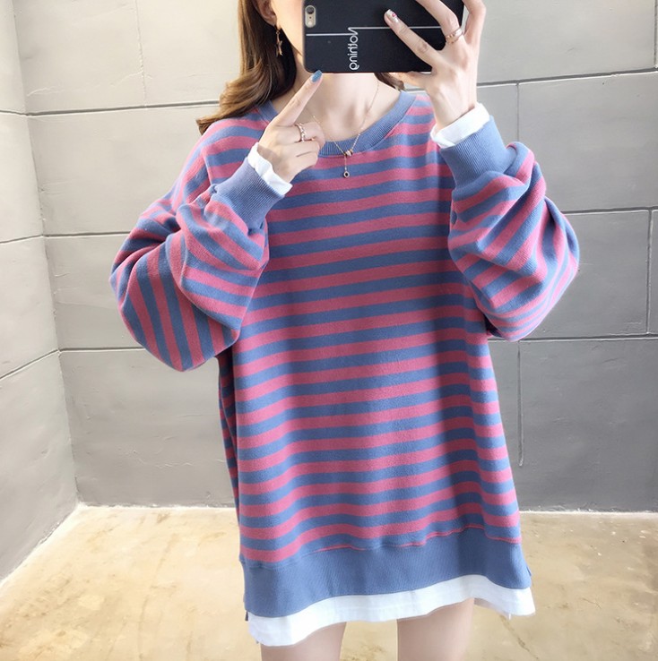 New Korean-style loose long-sleeved student striped fake two-piece plus-size women's wear, thin style