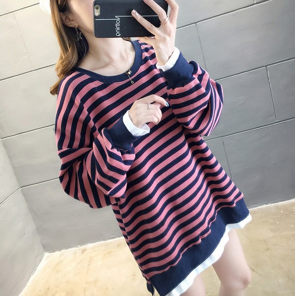 New Korean-style loose long-sleeved student striped fake two-piece plus-size women's wear, thin style Specification image