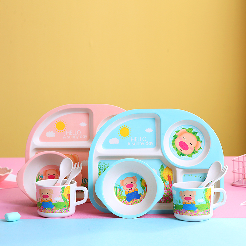 Bamboo fiber tableware children's tableware set Rural Pig tableware five-piece baby tableware set dinner plate thumbnail