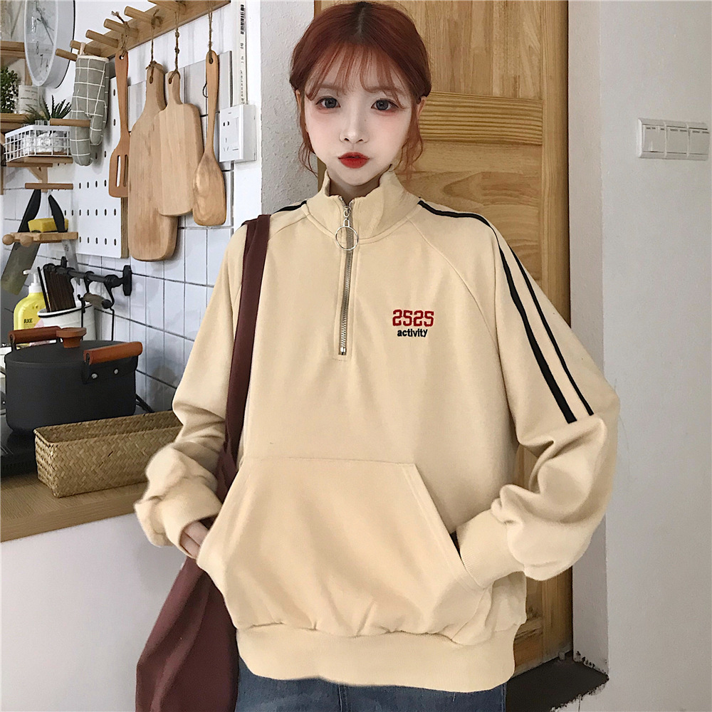 2019 New Korean autumn and winter embroidered high-neck zipper hoodie for female students with unique personality Specification image