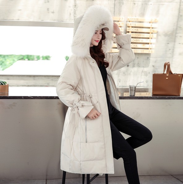白鸭绒羽绒服女韩版长款大毛领宽松过膝胖mm外套网红白底实物图
