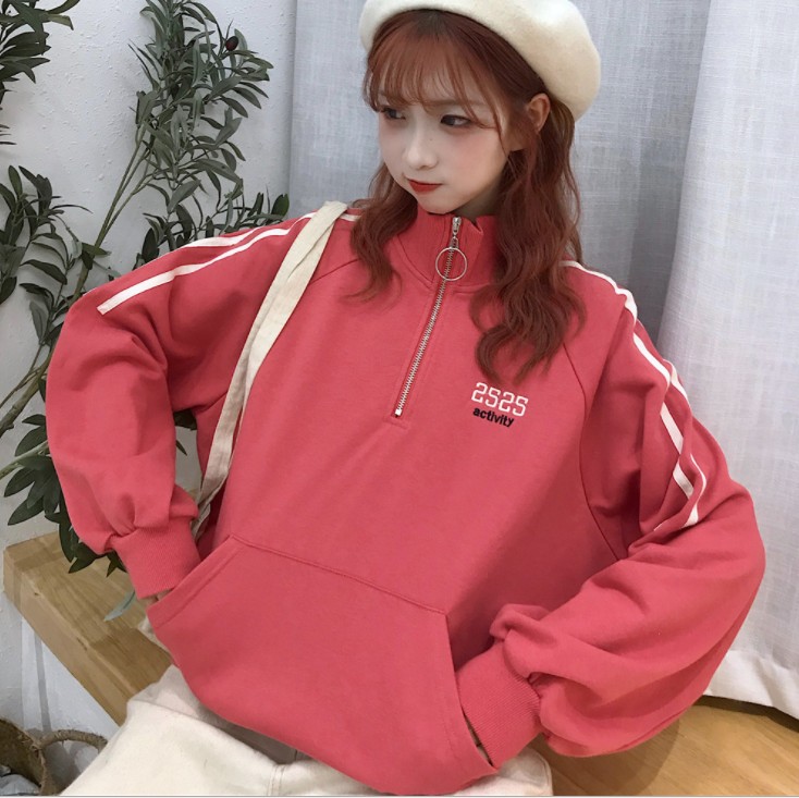 2019 New Korean autumn and winter embroidered high-neck zipper hoodie for female students with unique personality Item Picture