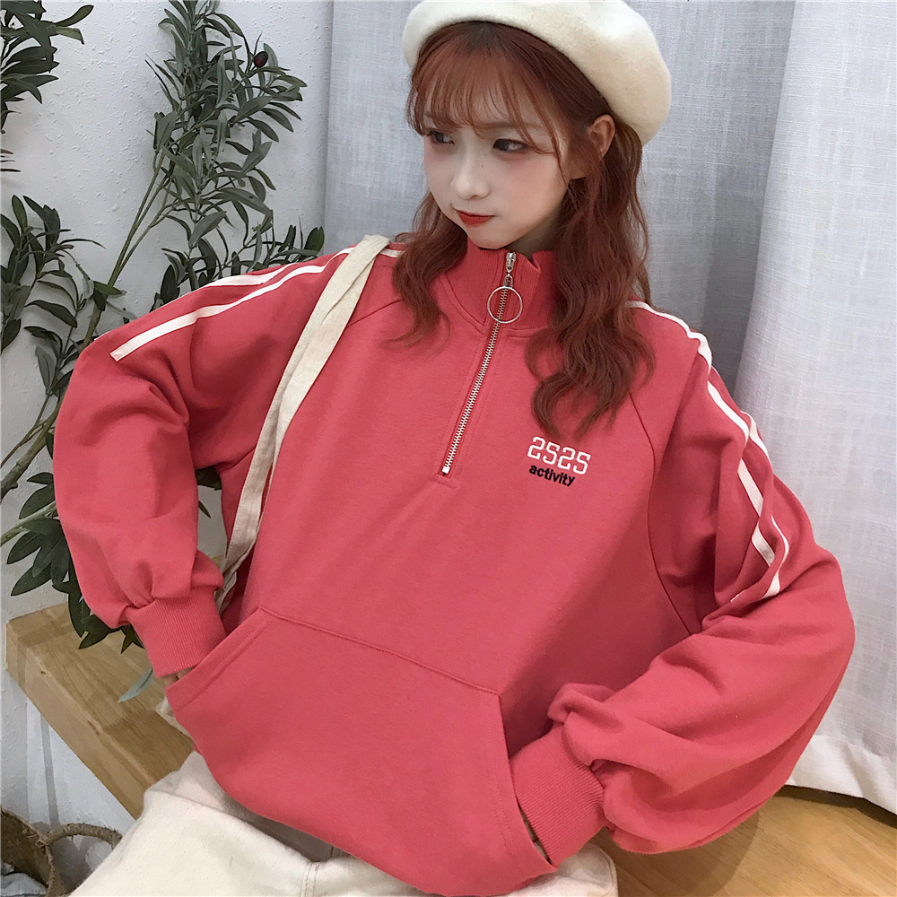 2019 New Korean autumn and winter embroidered high-neck zipper hoodie for female students with unique personality