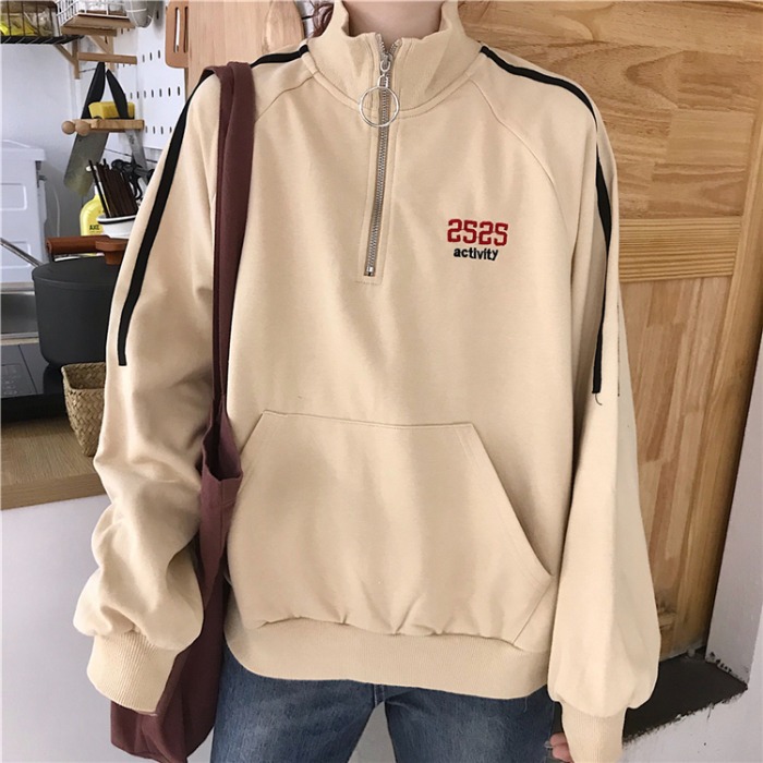 2019 New Korean autumn and winter embroidered high-neck zipper hoodie for female students with unique personality details Picture