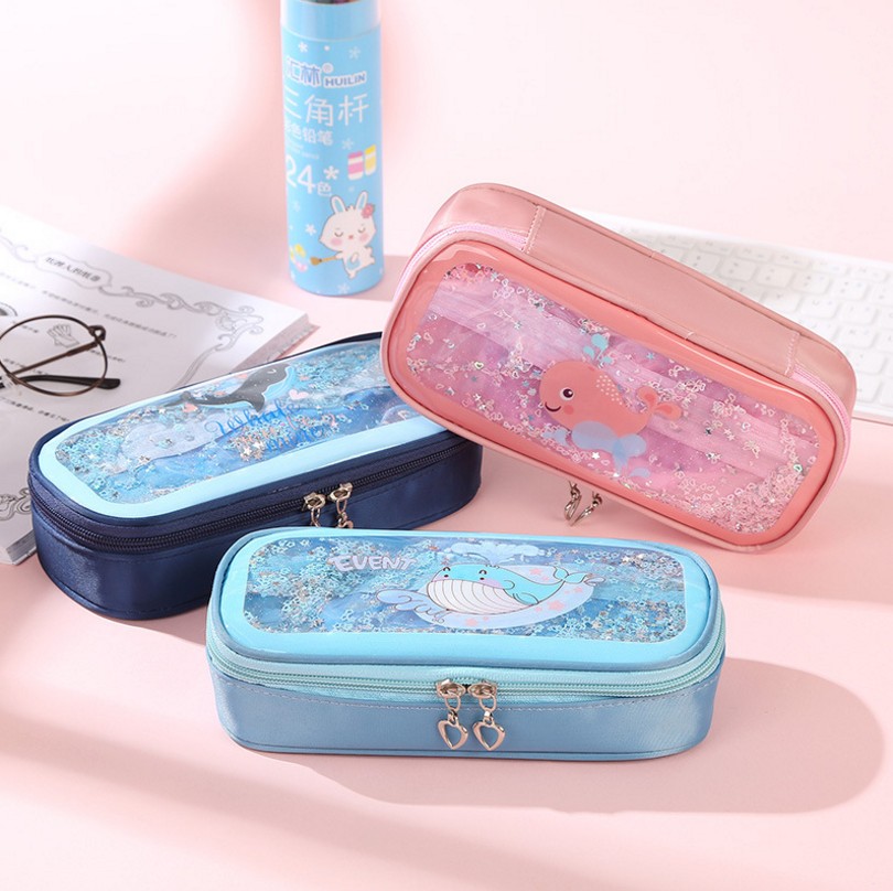 Whale large capacity quicksand into pencil bag Double zipper student pencil case cartoon cartoon pencil bag thumbnail