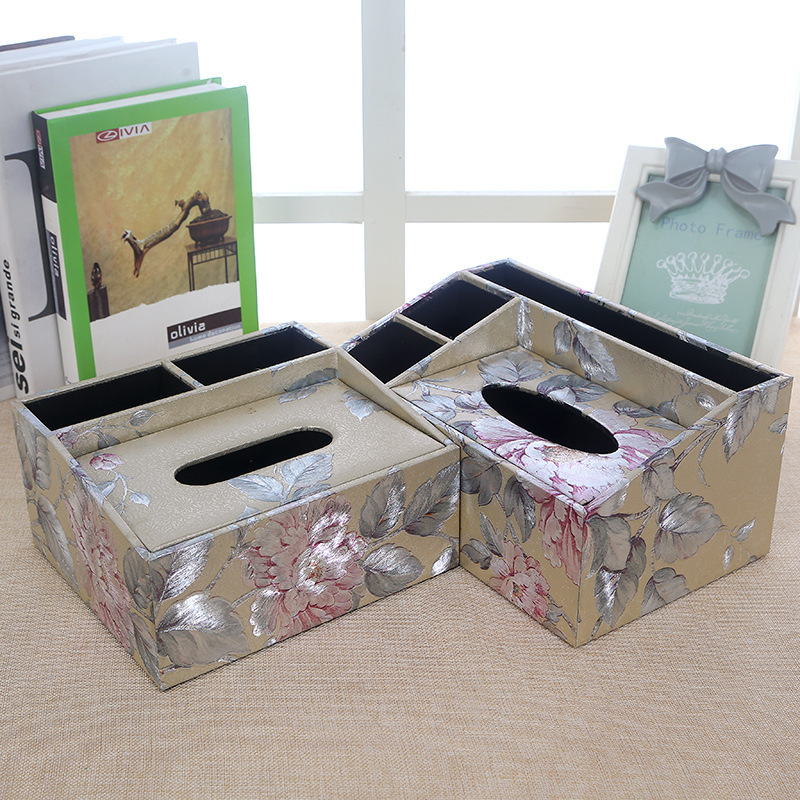 Creative Multi-Functional Leather Tissue Paper Box Flower Geometric Wallpaper Multi-Functional Tissue Box Desktop Tissue Storage Box