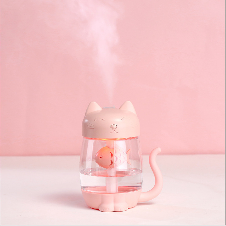 创意新款透明七彩夜灯猫咪小鱼空气雾化加湿器 三合一猫咪加湿器产品图
