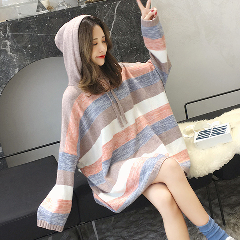小清新套头毛衣女秋装2019新款宽松韩版中长款连帽网红针织衫上衣