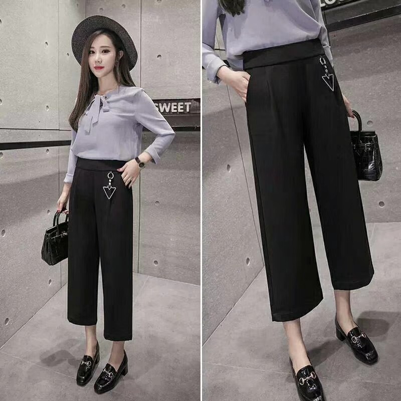 最新秋款黑色高腰宽松直筒白搭棉锦面料九分女式松紧腰阔腿大脚裤产品图