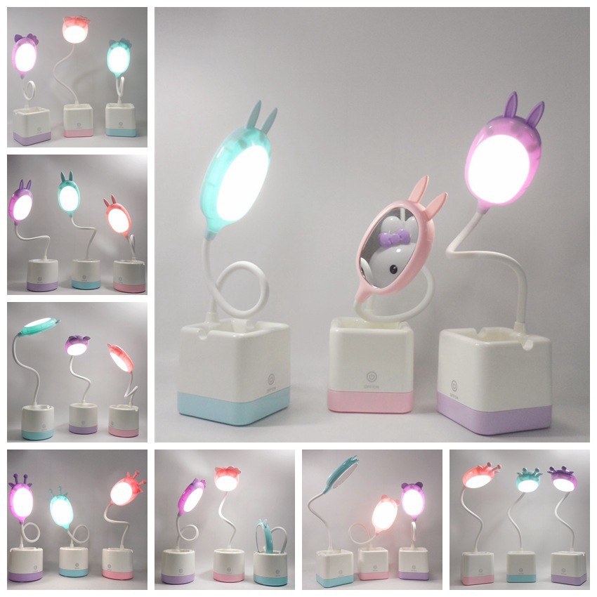 萌趣卡通触摸LED笔筒美妆镜台灯带手机支架USB充电桌面学习小夜灯