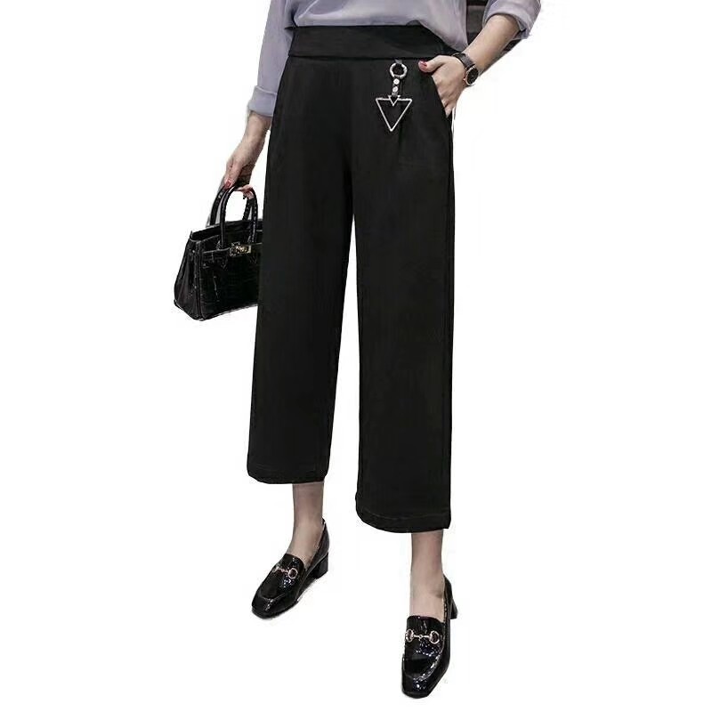 最新秋款黑色高腰宽松直筒白搭棉锦面料九分女式松紧腰阔腿大脚裤细节图
