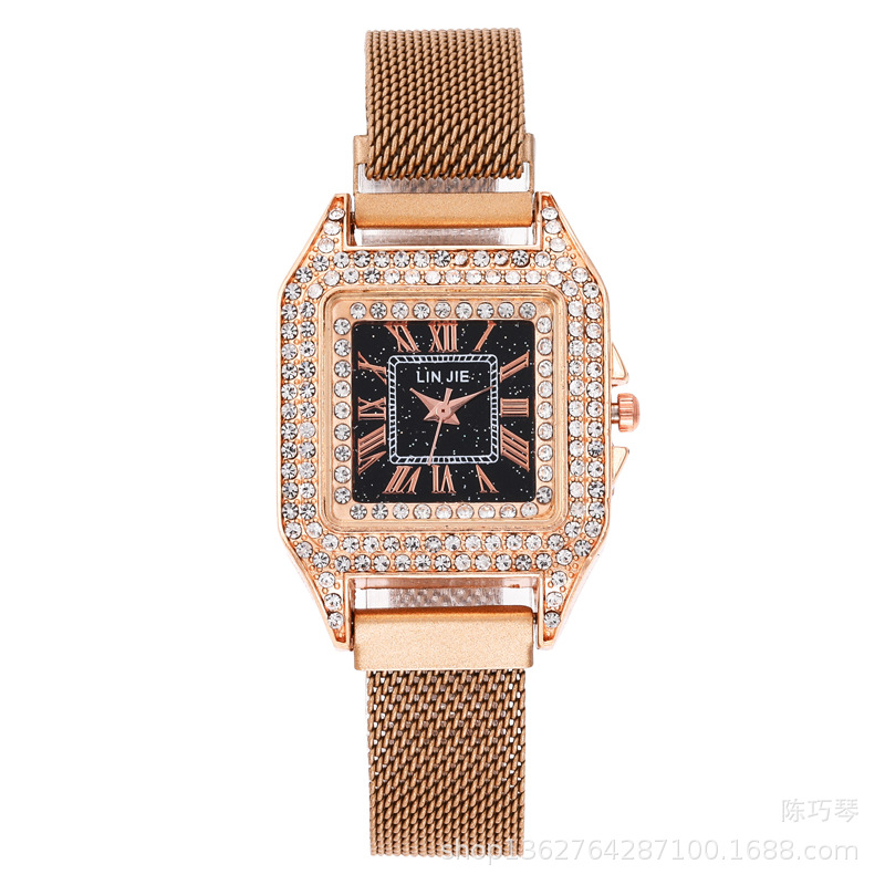 新款女士方形罗马文手表韩版镶钻星空面石英吸磁铁网带潮流手表详情图2