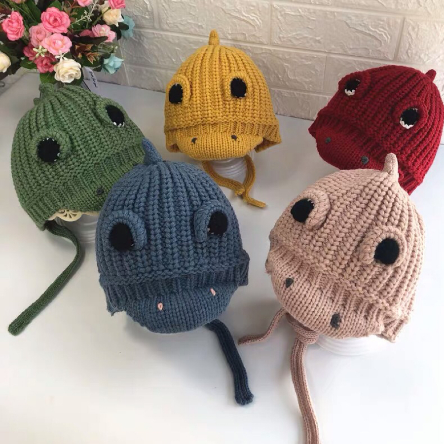 Yiwu Selection double handmade baby dinosaur wool yarn plus cotton hats for boys and girls baby ear caps fashionable cute thumbnail